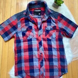 Machine Men's Medium Short Sleeve Plaid Button-Up Shirt